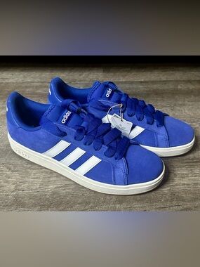 adidas Grand Court Base Men’s Blue Suede Low-Top Sneakers with White Stripes